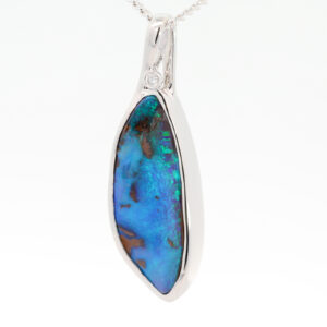 White Gold Blue Green Boulder Opal and Diamond Pendant