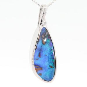 White Gold Blue Green Boulder Opal and Diamond Pendant