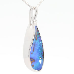 White Gold Blue Green Boulder Opal and Diamond Pendant