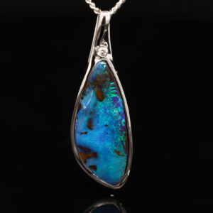 White Gold Blue Green Boulder Opal and Diamond Pendant