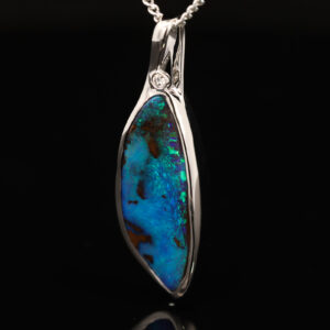White Gold Blue Green Boulder Opal and Diamond Pendant