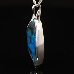 White Gold Blue Green Boulder Opal and Diamond Pendant