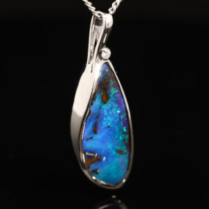 White Gold Blue Green Boulder Opal and Diamond Pendant