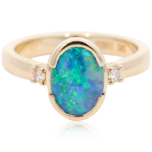 Yellow Gold Blue Green Yellow Boulder Opal and Lab Grown Diamond Ring