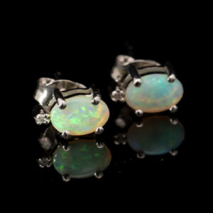 White Gold Blue Green Crystal Opal and Diamond Earrings