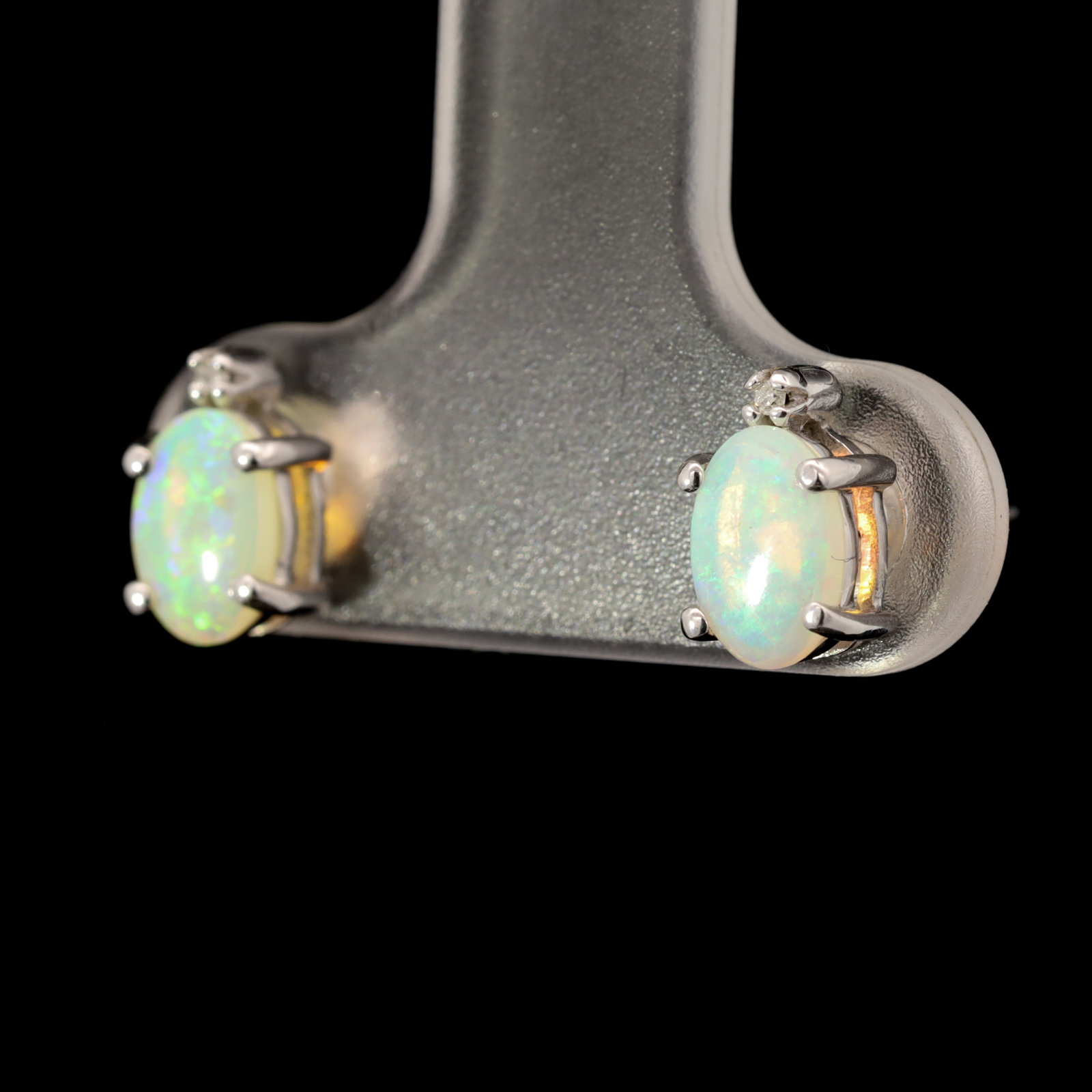 White Gold Blue Green Crystal Opal and Diamond Earrings