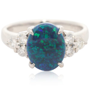 Platinum Blue Green Black Opal and Diamond Ring