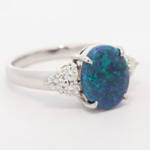 Platinum Blue Green Black Opal and Diamond Ring