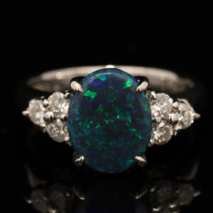 Platinum Blue Green Black Opal and Diamond Ring