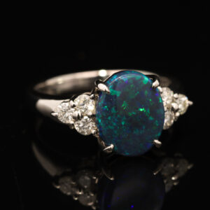 Platinum Blue Green Black Opal and Diamond Ring