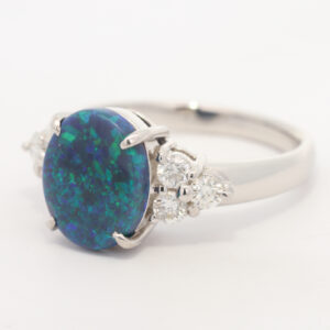 Platinum Blue Green Black Opal and Diamond Ring