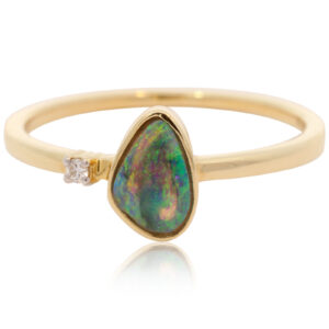Yellow Gold Blue Green Yellow Black Opal and Diamond Ring