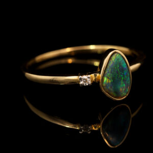 Yellow Gold Blue Green Yellow Black Opal and Diamond Ring