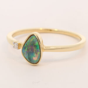 Yellow Gold Blue Green Yellow Black Opal and Diamond Ring