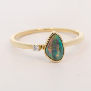 Yellow Gold Blue Green Yellow Black Opal and Diamond Ring