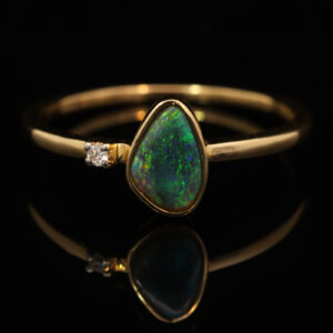 Yellow Gold Blue Green Yellow Black Opal and Diamond Ring