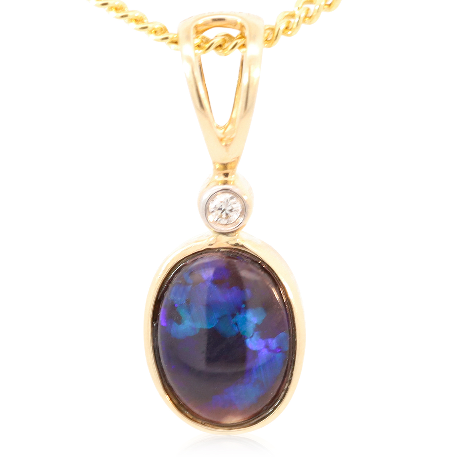 Yellow Gold Blue Purple Black Opal and Diamond Pendant