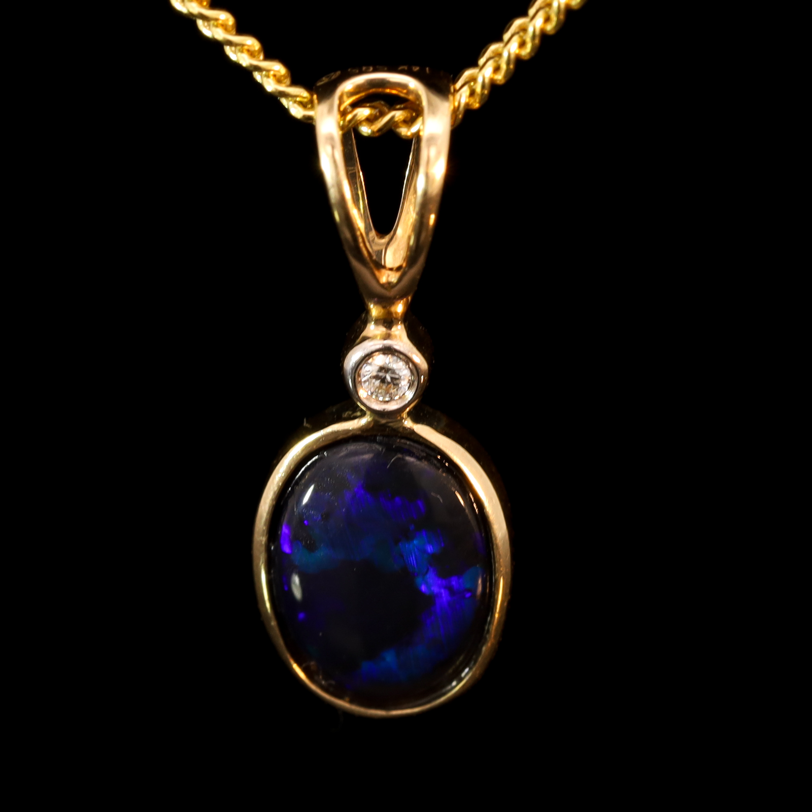 Yellow Gold Blue Purple Black Opal and Diamond Pendant