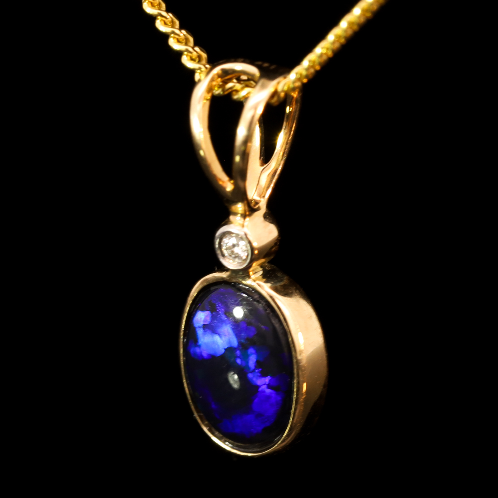 Yellow Gold Blue Purple Black Opal and Diamond Pendant