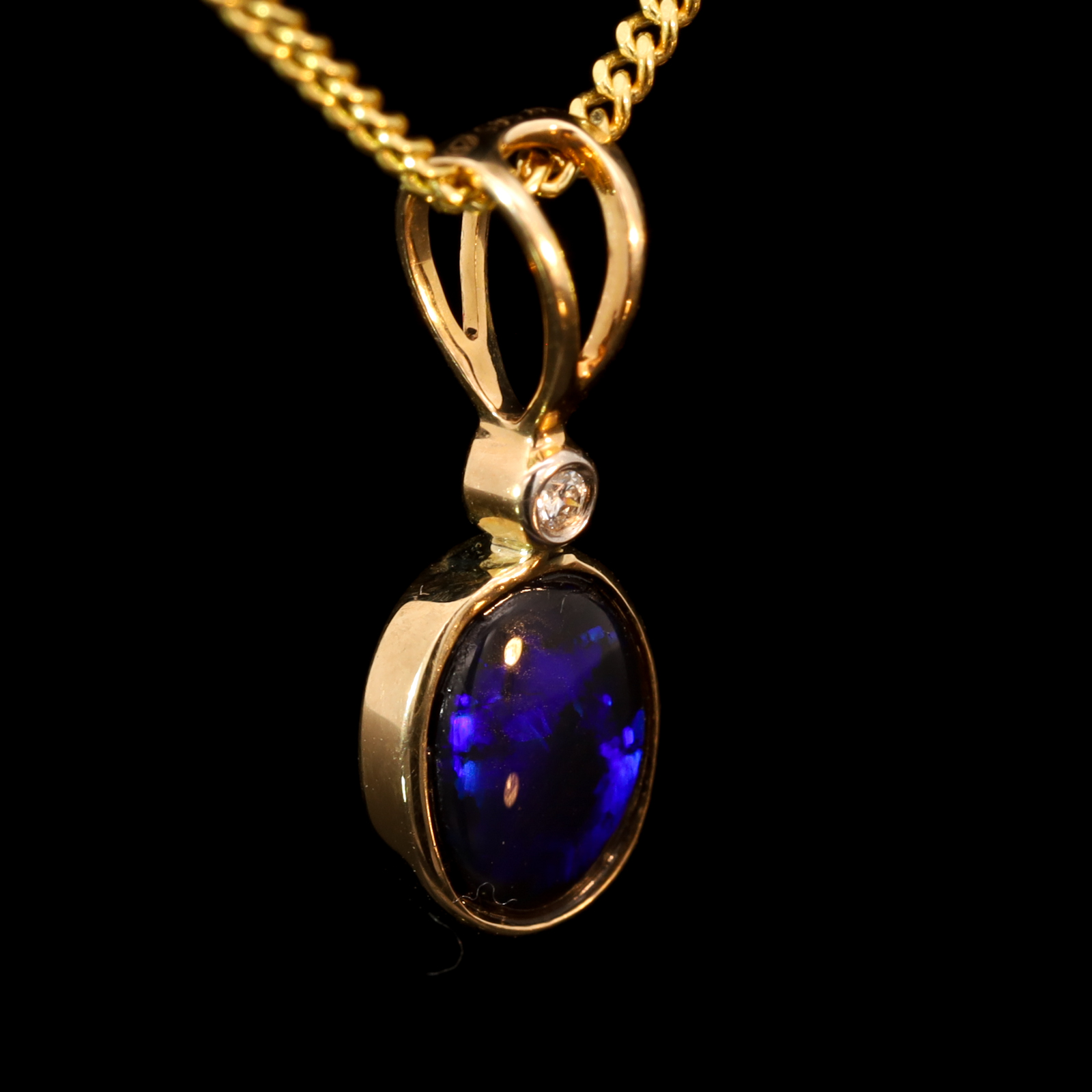 Yellow Gold Blue Purple Black Opal and Diamond Pendant