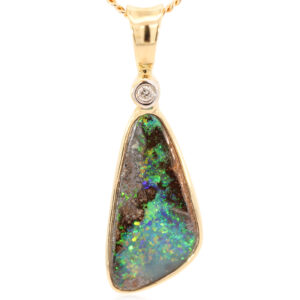 Yellow Gold Blue Green Yellow Orange Boulder Opal and Diamond Pendant