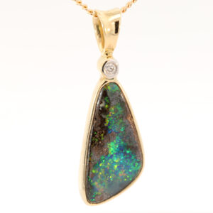 Yellow Gold Blue Green Yellow Orange Boulder Opal and Diamond Pendant