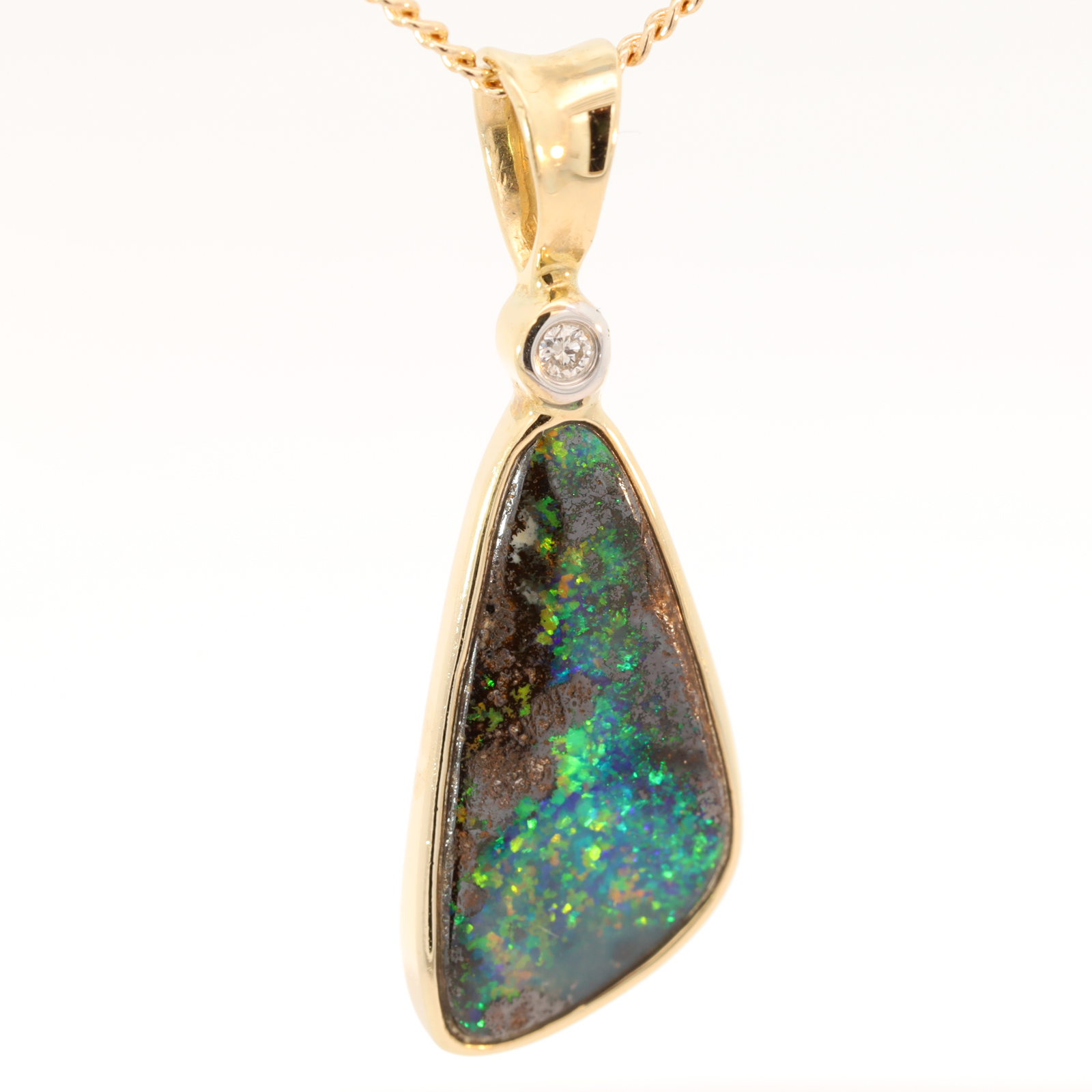 Yellow Gold Blue Green Yellow Orange Boulder Opal and Diamond Pendant