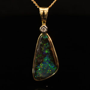 Yellow Gold Blue Green Yellow Orange Boulder Opal and Diamond Pendant