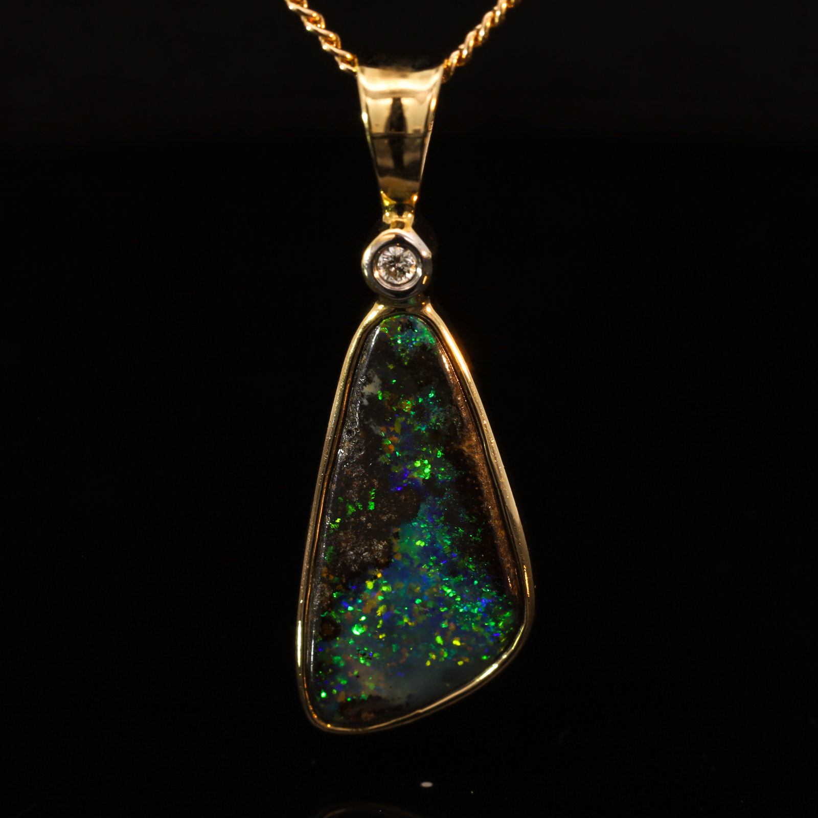 Yellow Gold Blue Green Yellow Orange Boulder Opal and Diamond Pendant