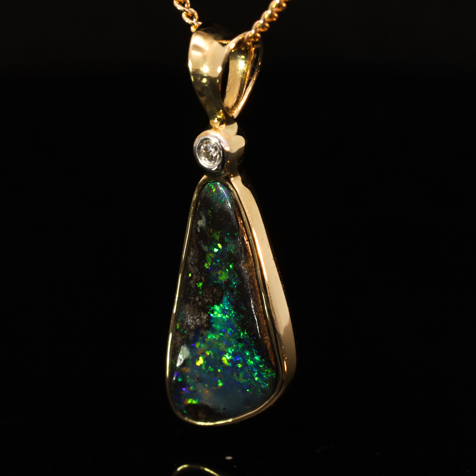 Yellow Gold Blue Green Yellow Orange Boulder Opal and Diamond Pendant
