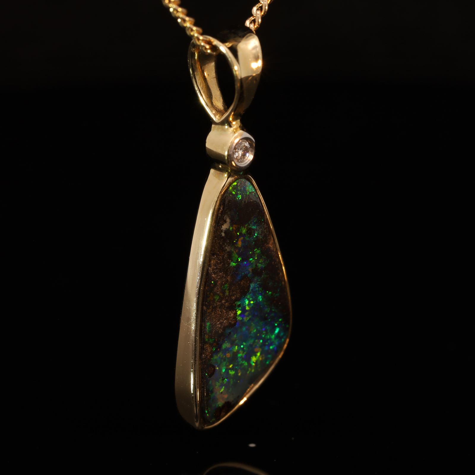 Yellow Gold Blue Green Yellow Orange Boulder Opal and Diamond Pendant