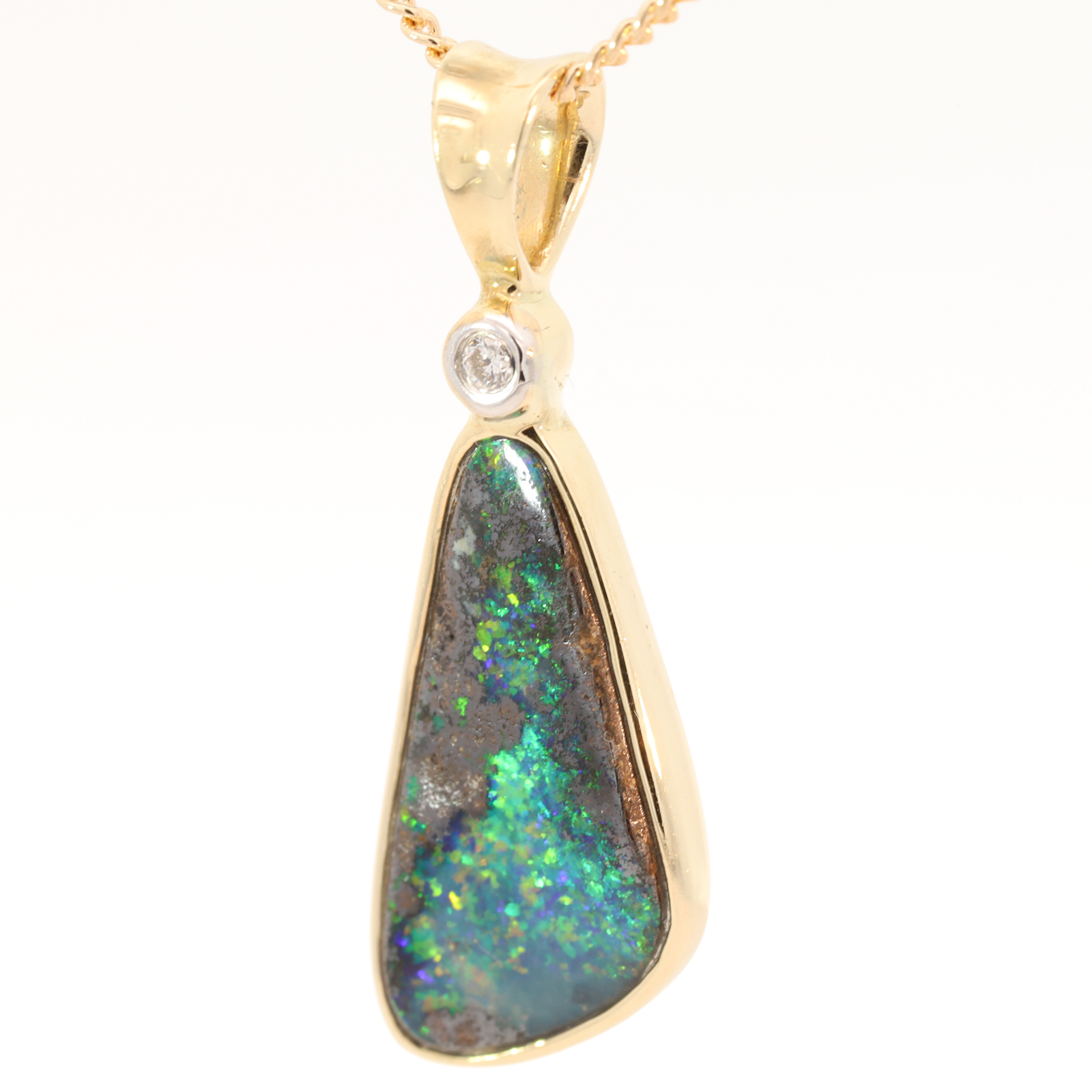 Yellow Gold Blue Green Yellow Orange Boulder Opal and Diamond Pendant