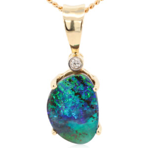 Yellow Gold Blue Green Boulder Opal and Diamond Pendant