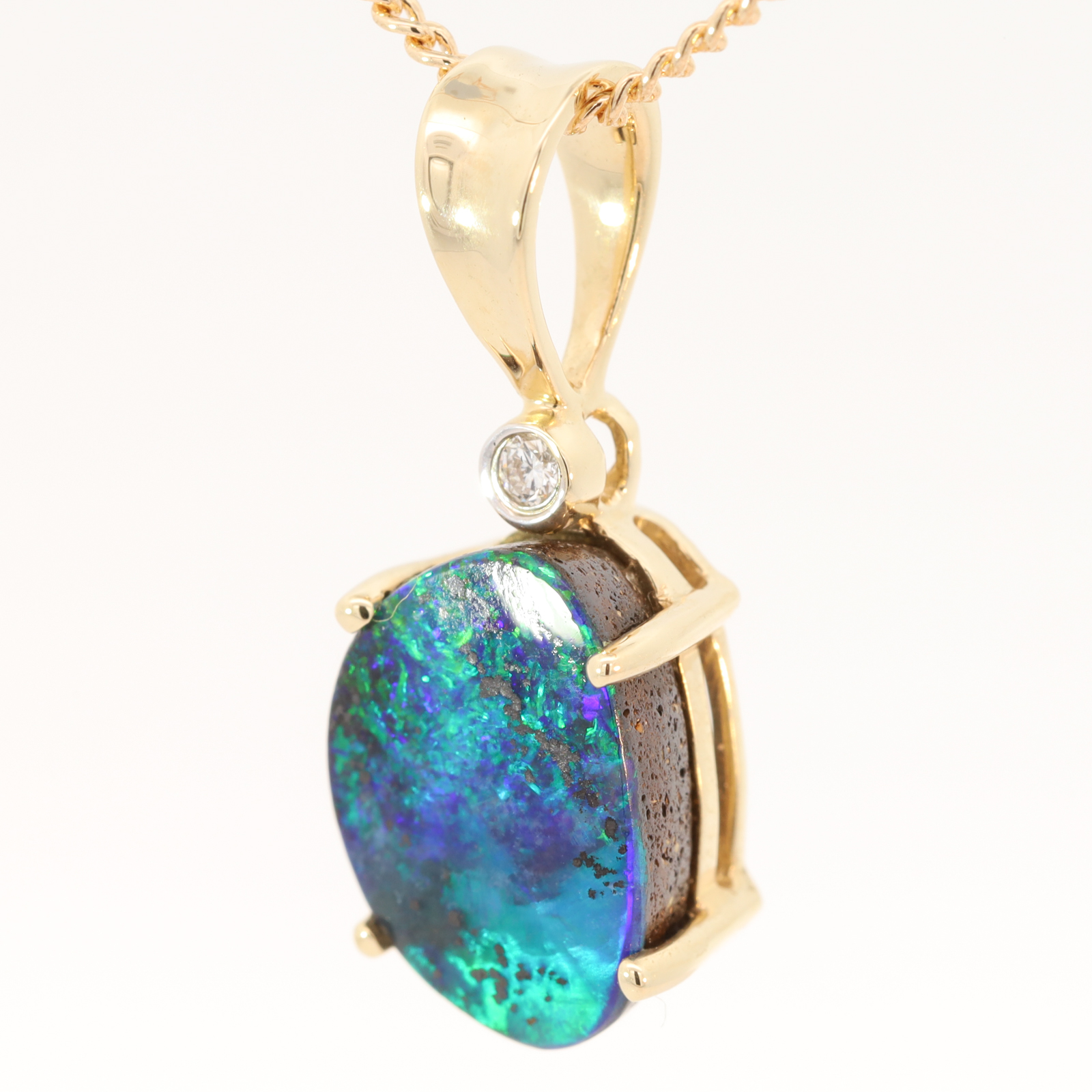 Yellow Gold Blue Green Boulder Opal and Diamond Pendant