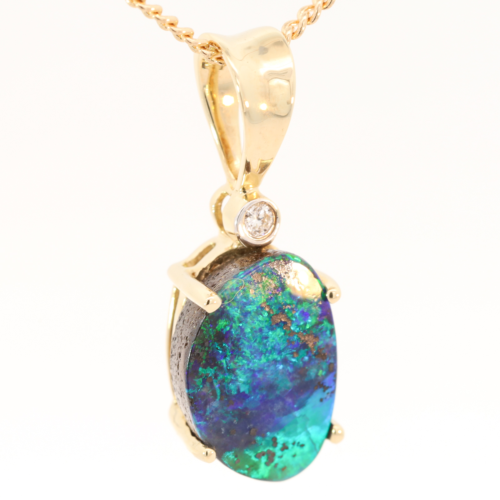 Yellow Gold Blue Green Boulder Opal and Diamond Pendant