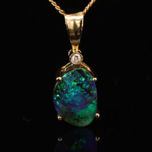 Yellow Gold Blue Green Boulder Opal and Diamond Pendant
