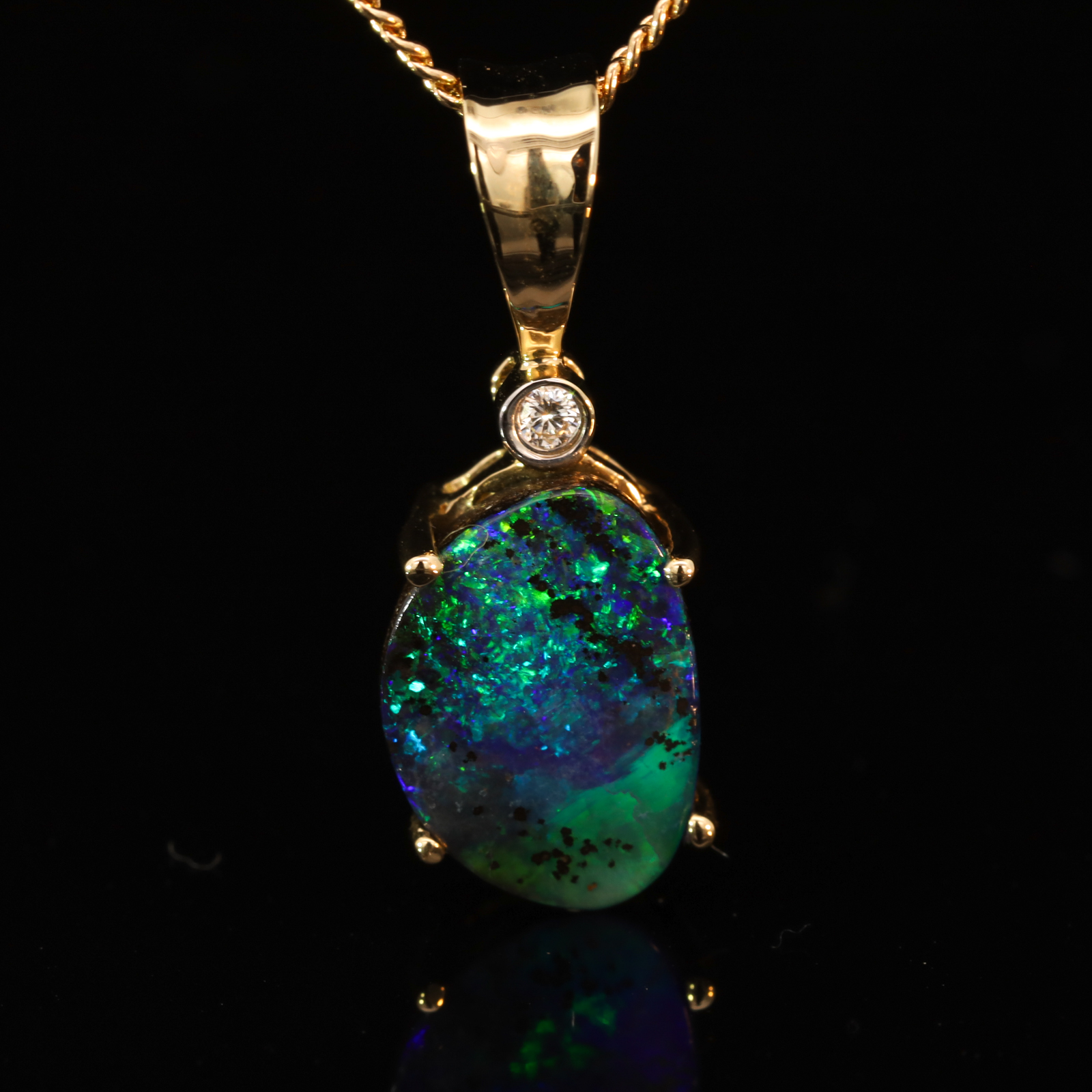 Yellow Gold Blue Green Boulder Opal and Diamond Pendant