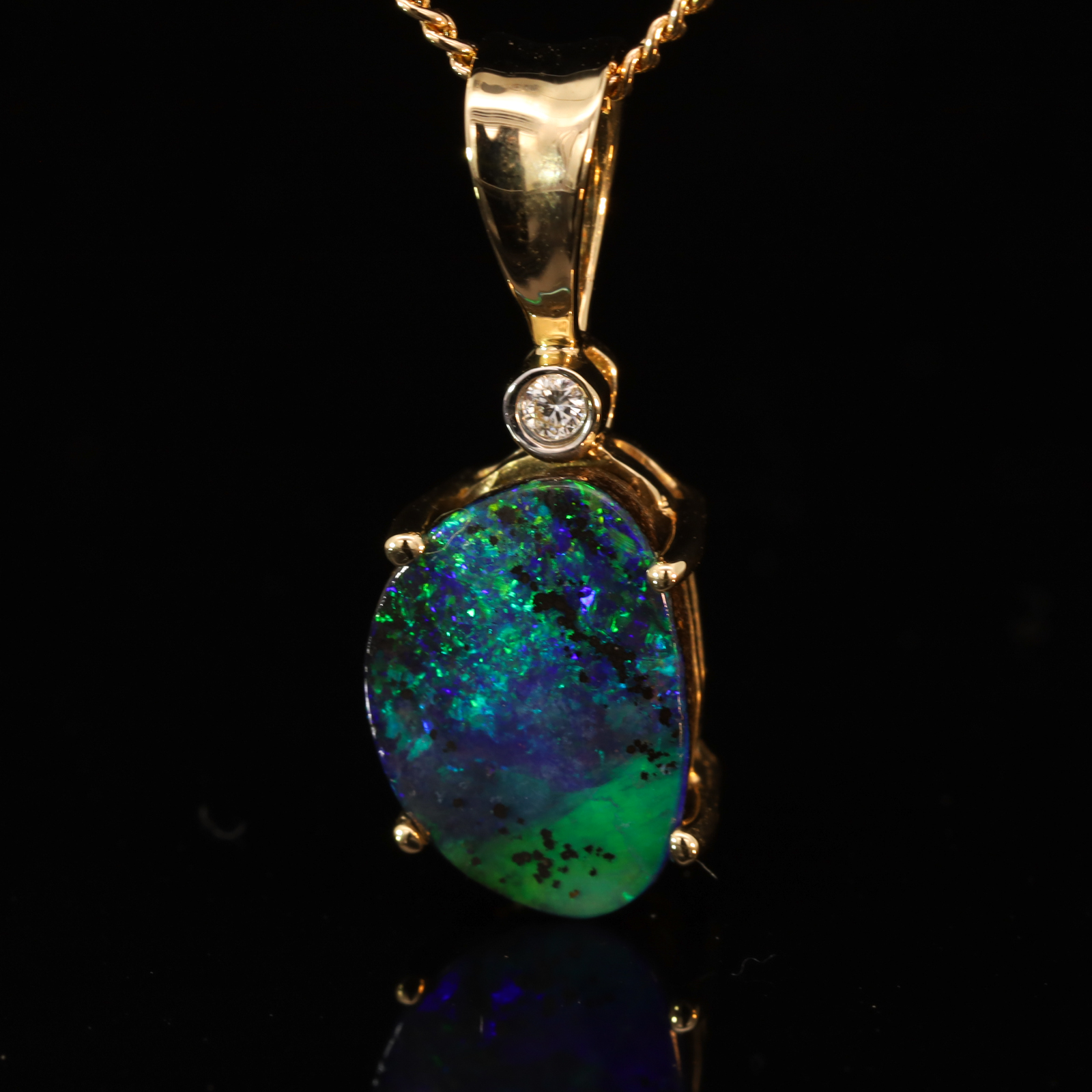 Yellow Gold Blue Green Boulder Opal and Diamond Pendant