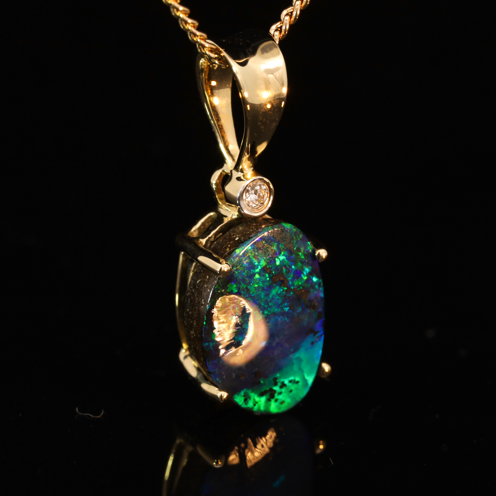 Yellow Gold Blue Green Boulder Opal and Diamond Pendant