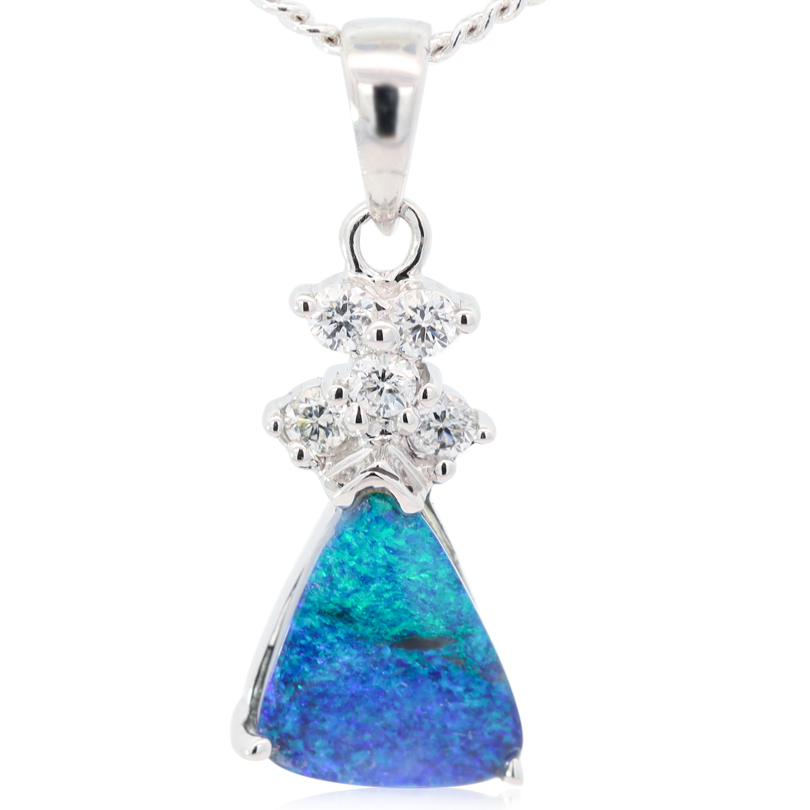 White Gold Blue Green Black Opal and Diamond Pendant