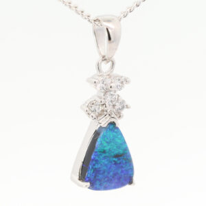 White Gold Blue Green Black Opal and Diamond Pendant