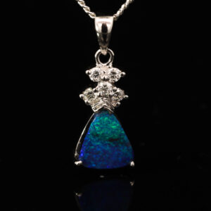 White Gold Blue Green Black Opal and Diamond Pendant