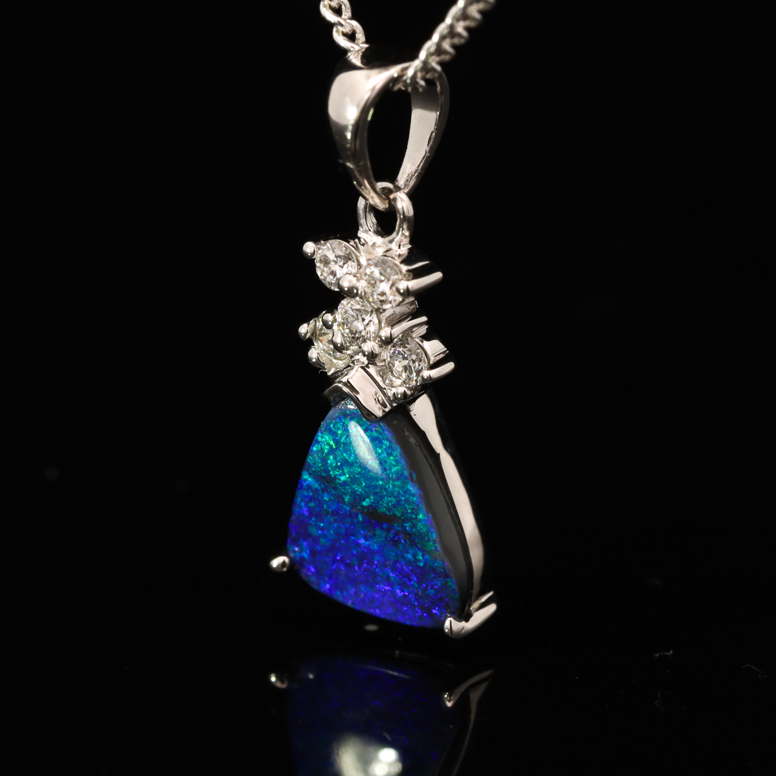 White Gold Blue Green Black Opal and Diamond Pendant