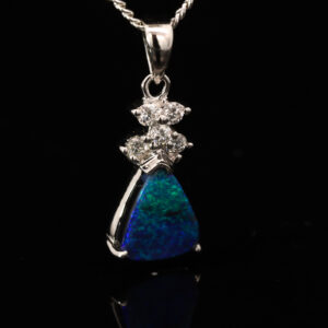White Gold Blue Green Black Opal and Diamond Pendant