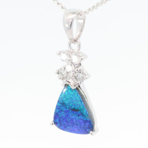 White Gold Blue Green Black Opal and Diamond Pendant