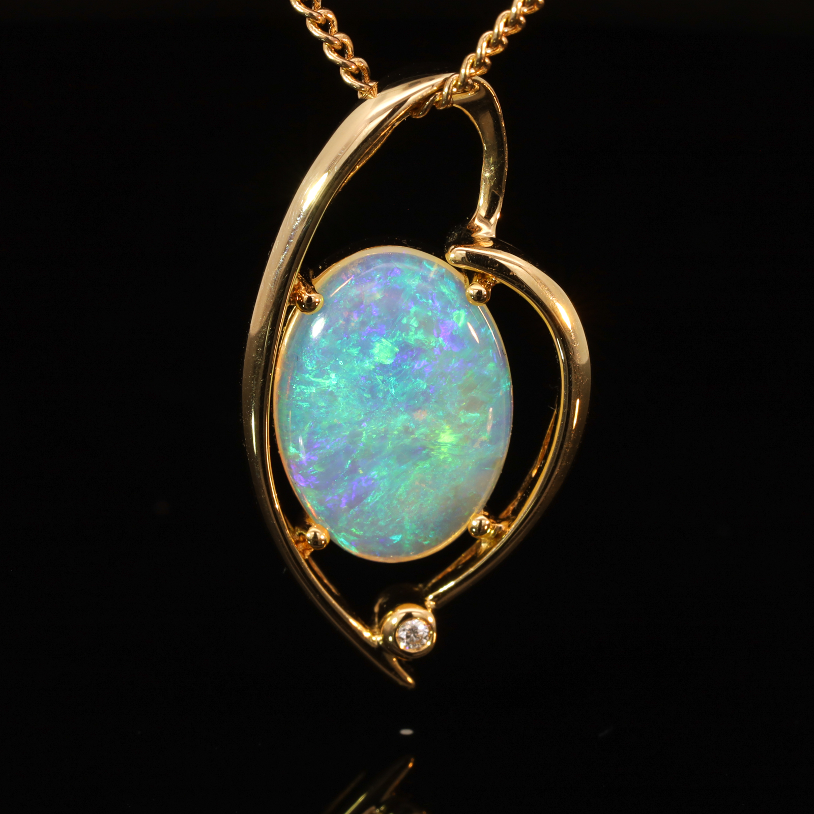 Yellow Gold Blue Green Crystal Opal and Diamond Pendant