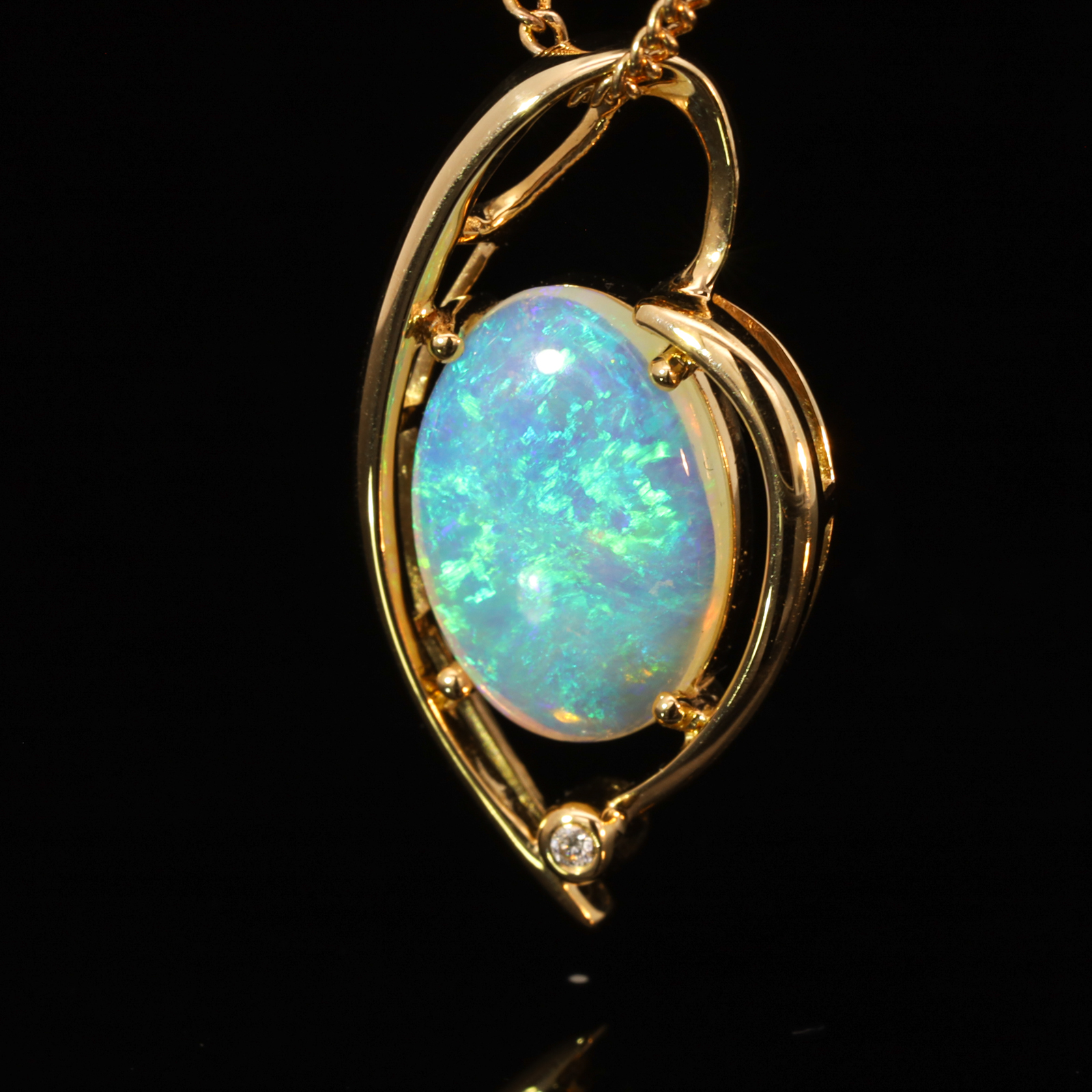 Yellow Gold Blue Green Crystal Opal and Diamond Pendant