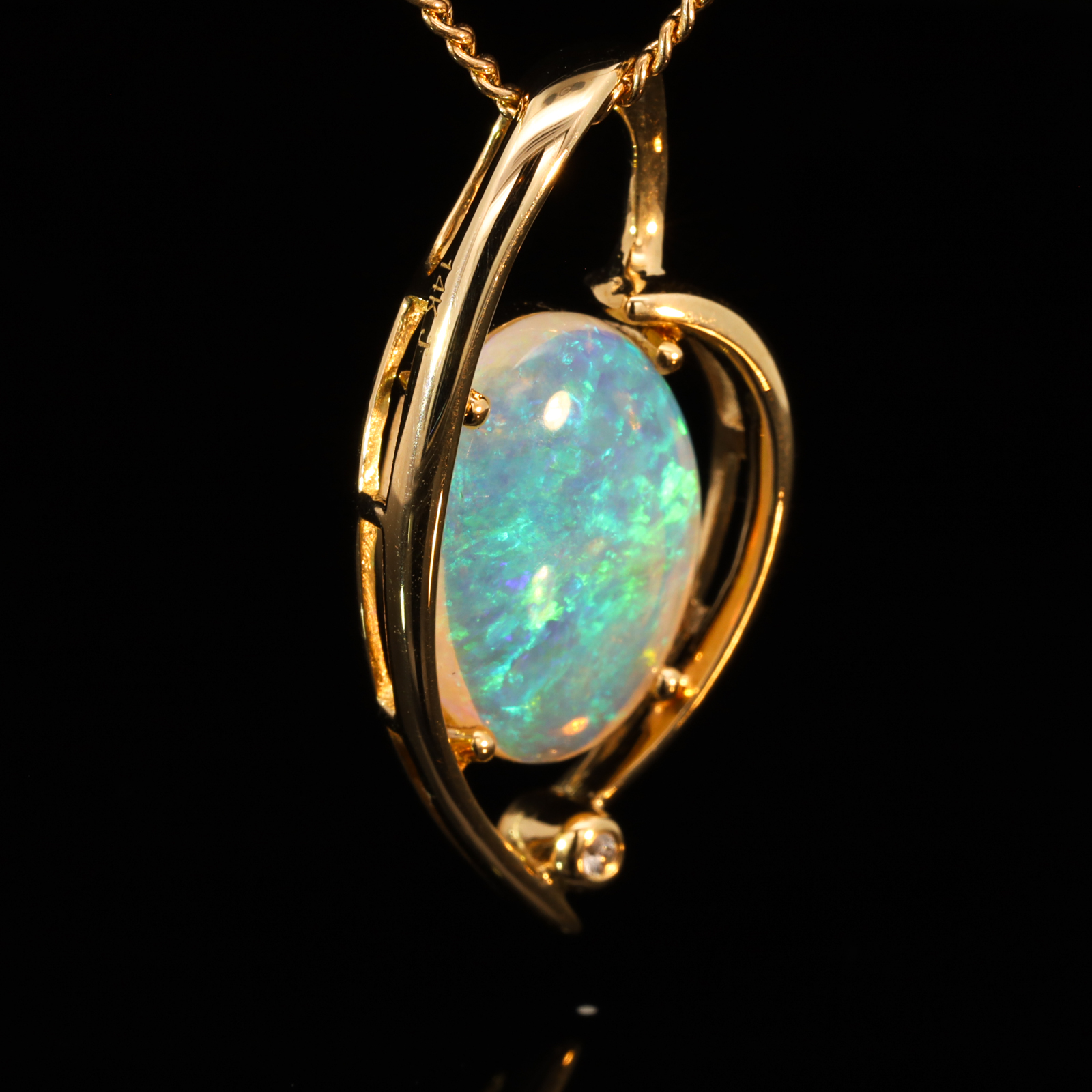 Yellow Gold Blue Green Crystal Opal and Diamond Pendant