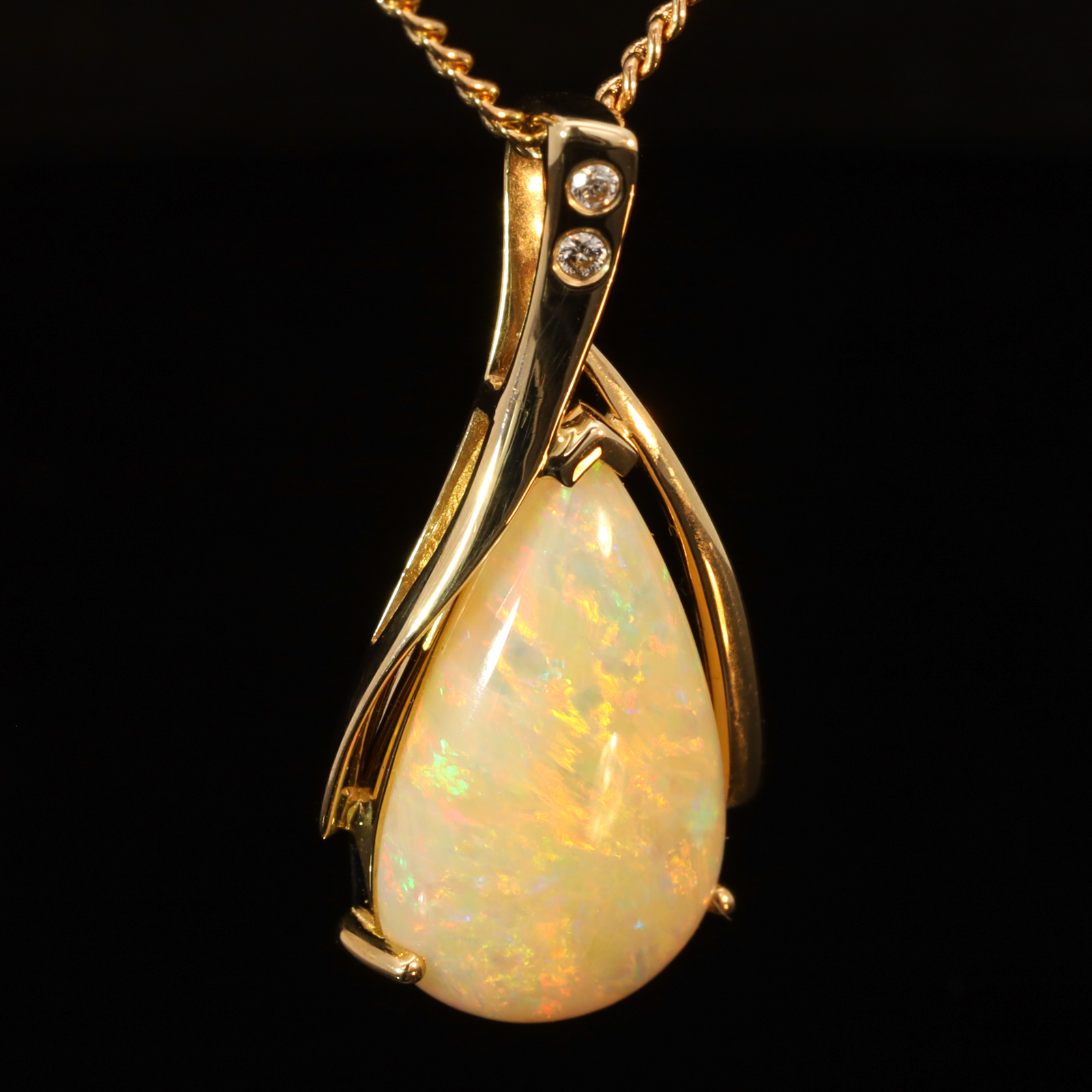 Yellow Gold Green Orange Yellow Red Crystal Opal and Diamond Pendant