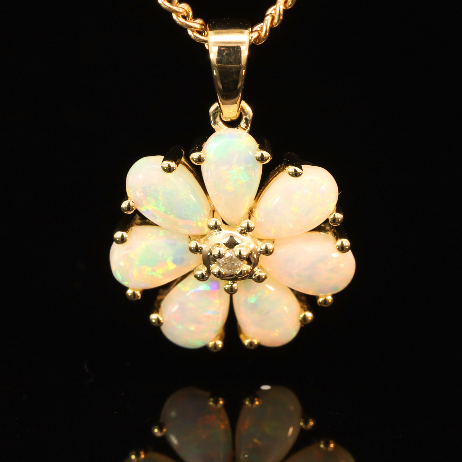 Yellow Gold Blue Green Yellow Orange Pink Crystal Opal and Diamond Pendant